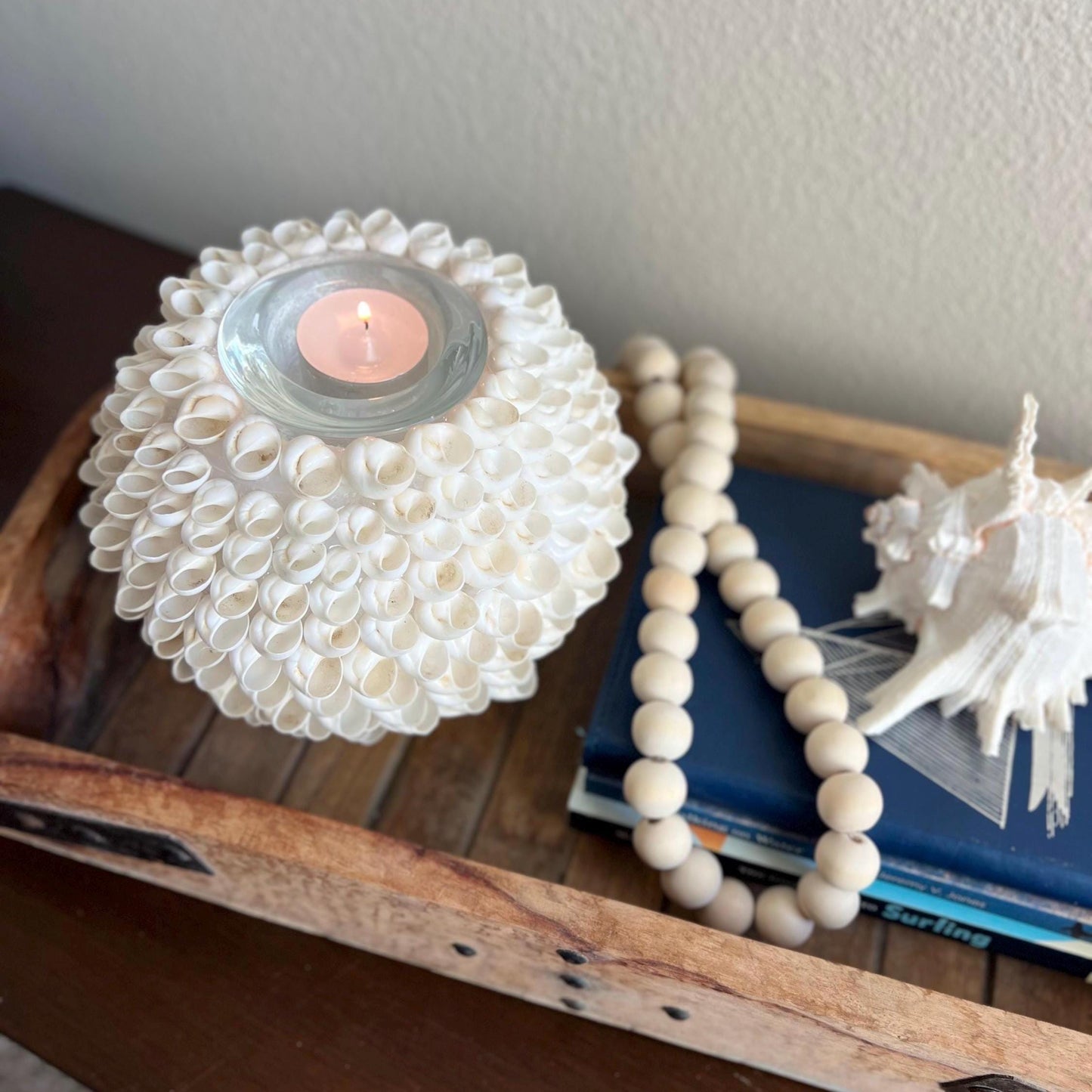 White Moon Snail Seashell Tealight Centerpiece | Seashell Candle Votive