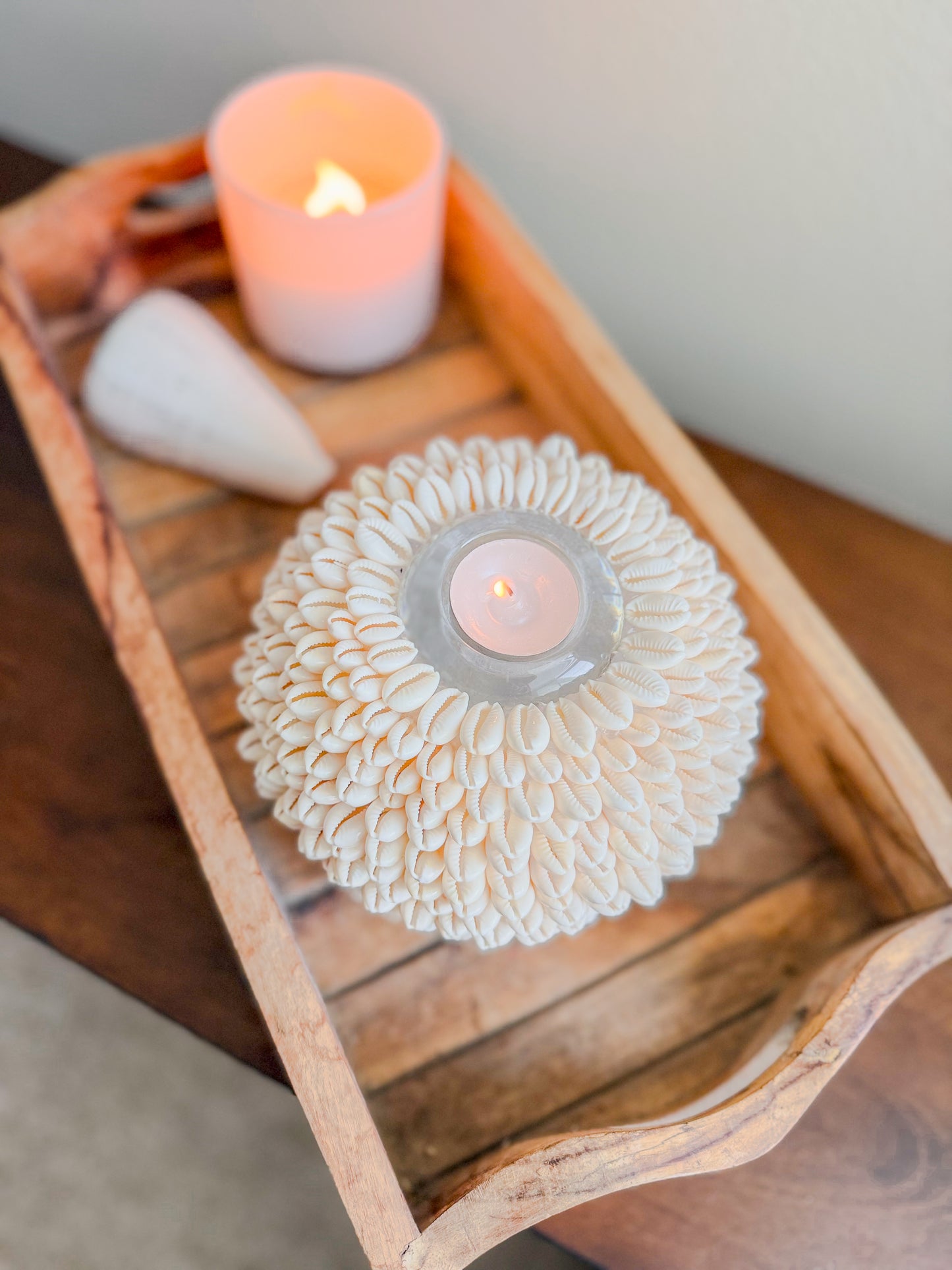 White Cowrie Shell Tealight Centerpiece | Seashell Candle Votive