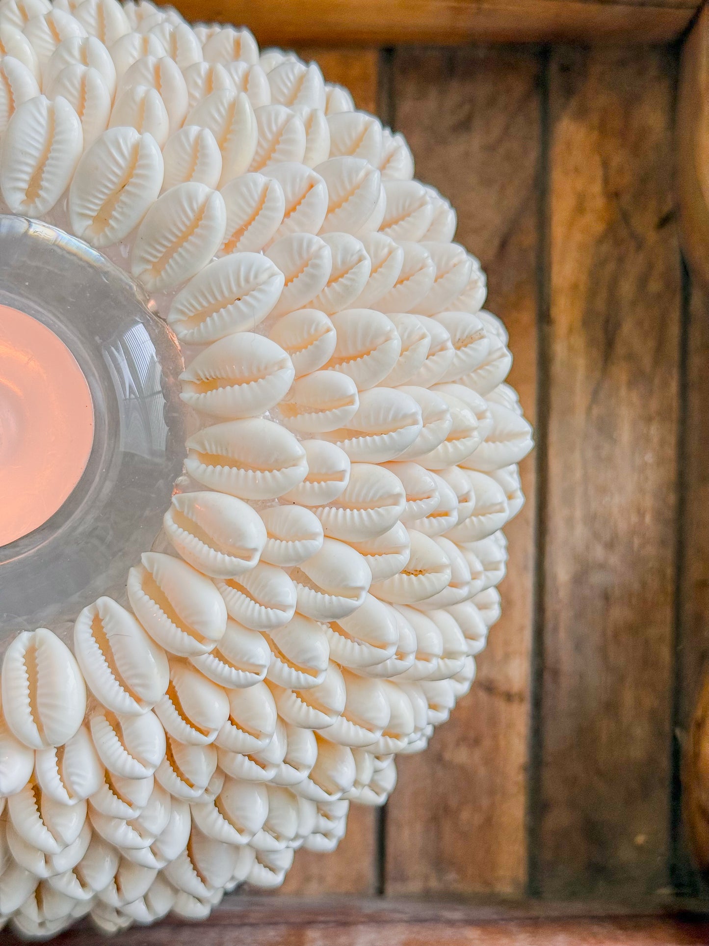 White Cowrie Shell Tealight Centerpiece | Seashell Candle Votive