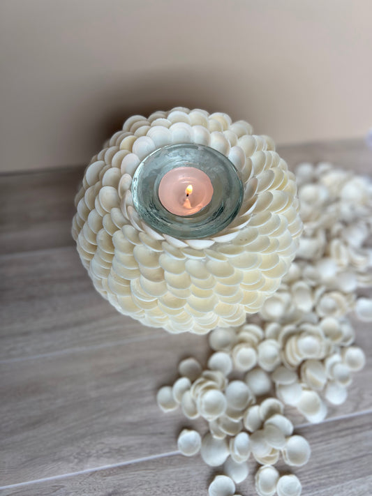 Delicate White Seashell Tealight Centerpiece | Seashell Candle Votive